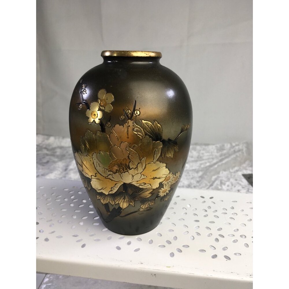 Antique Japanese‎ Bronze Vase With Floral Design & Gold Detailing